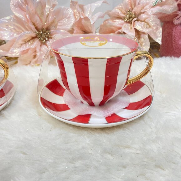 Grace Teaware Fine Porcelain Holiday Red Gold WH Stripe Tea Cups & Saucers 4PC - Picture 8 of 9